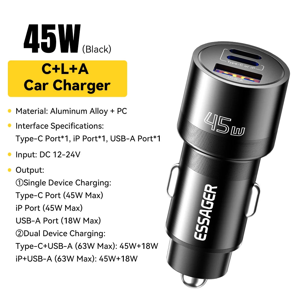45W USB C Car Charger 3 Port PD 3.0 QC 3.0 PPS Fast Charging with Lightning iP Port