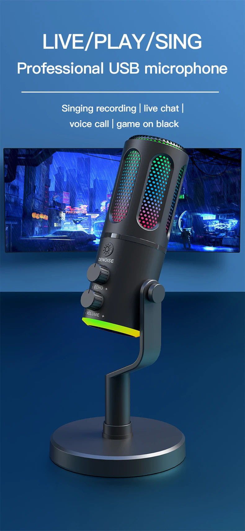 USB condenser microphone with RGB light, DSPnoise reduction, independent monitoring, used for media recording and live streaming