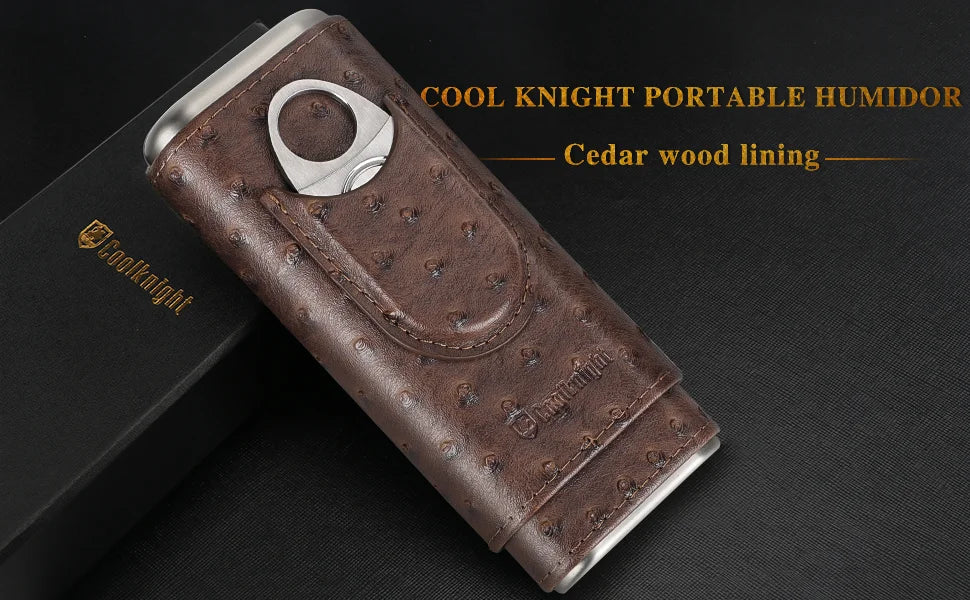 Leather Cigar Case, Cedar Wood Lining Travel Humidors for Cigars, Cigar Accessories Include Stainless Steel Cigar Cutter