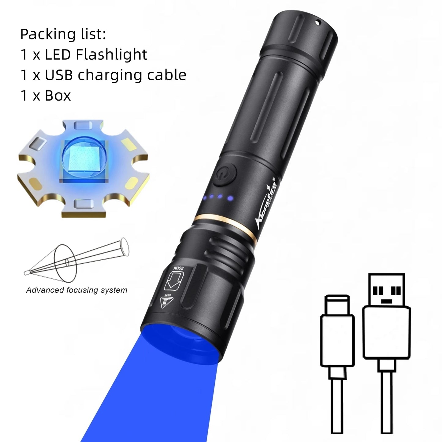 Zoom Blue Light Rechargeable LED Flashlight