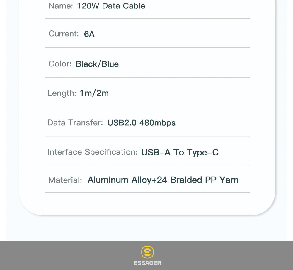 120W USB-A to Type-C Super Fast Charging Cable (6A)