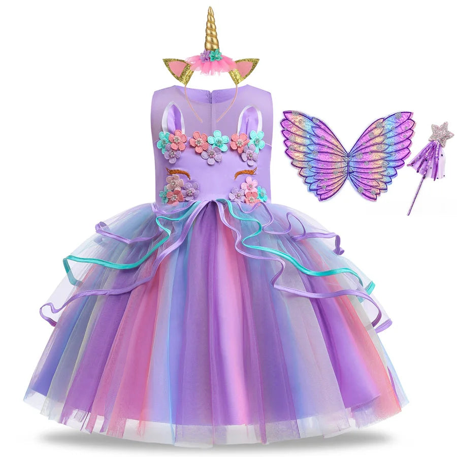 Rainbow Unicorn Princess Dress with Bow and Tulle Skirt Birthday Party Costume