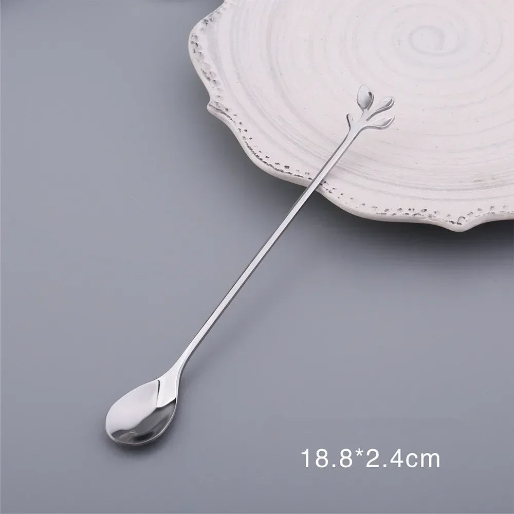 Gold Leaf Spoon for Stirring Tea Coffee Mixing Spoons Stainless Steel Tableware for Dessert Fruit Christmas Gift Home Decoratons
