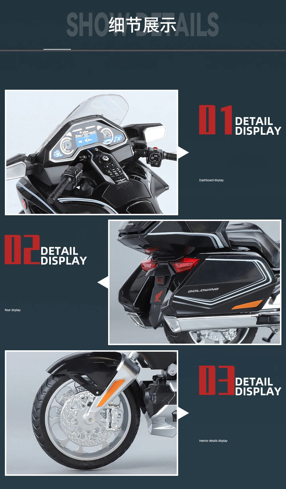 Diecast Honda Gold Wing GL1800 2021 Touring Motorcycle Model 1 to 11 Scale