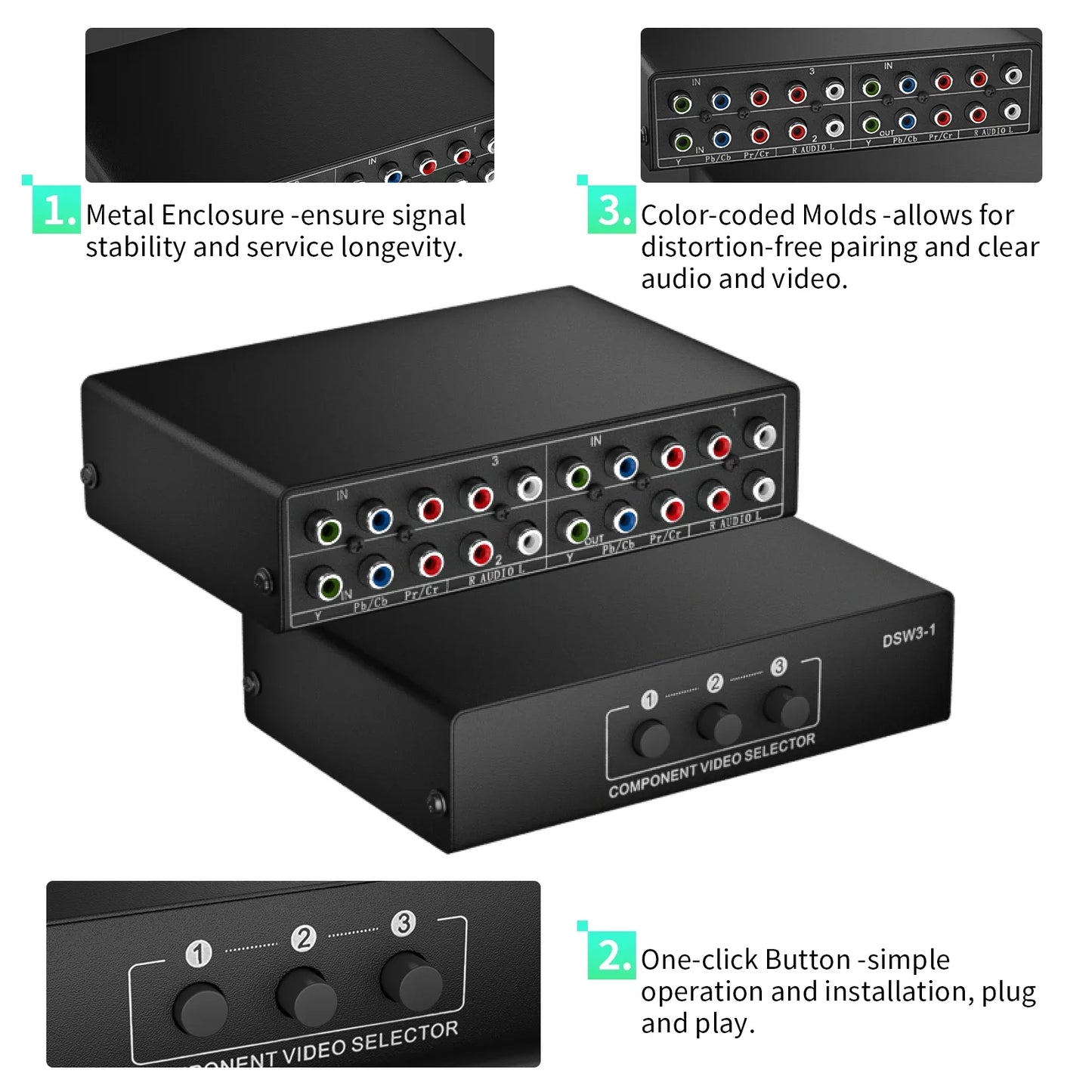 3 in 1 Out Component AV Video Switch Box, Composite 3 RCA AV Switcher AV Splitter Ypbpr for Monitors for PS2 PS3 PS4