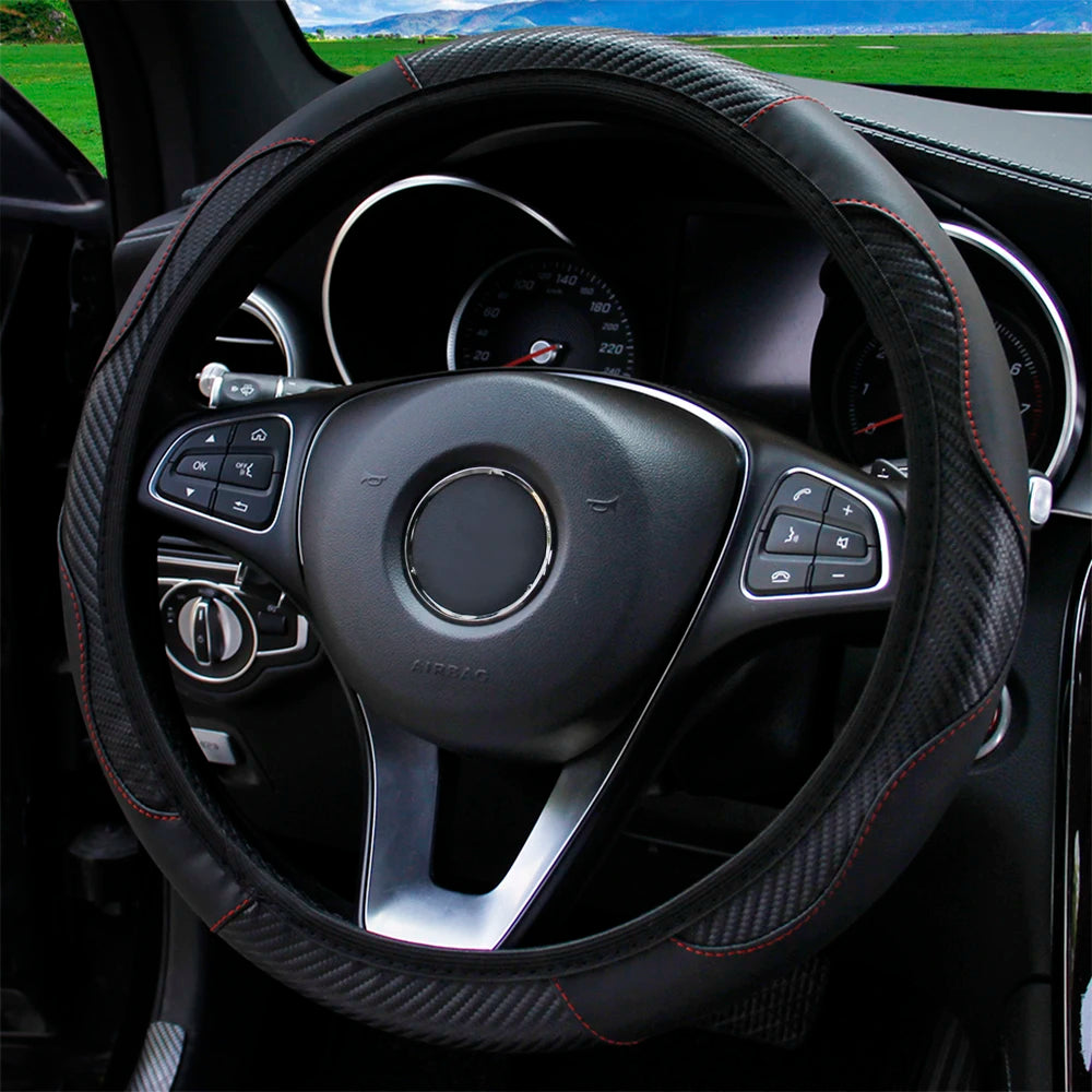 PU Carbon Fiber Leather Car Steering Wheel Cover 37CM 38CM