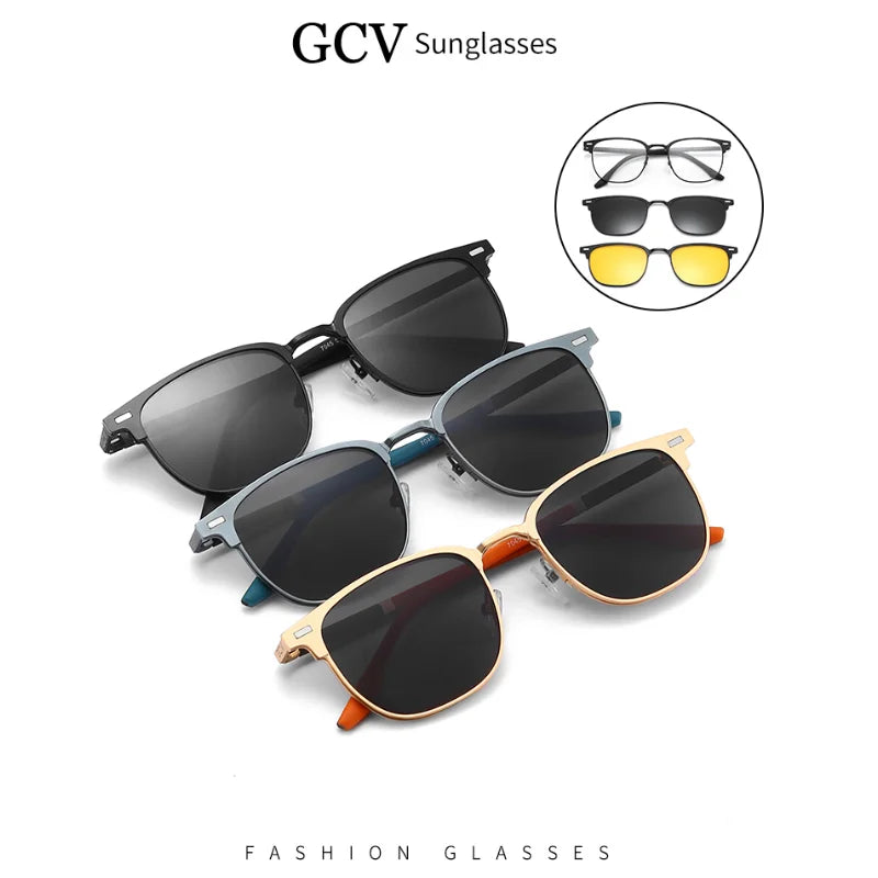 3 in 1 Magnetic Rectangle Polarized UV400 Business Sunglasses for Men Women Optical Eyewear Set