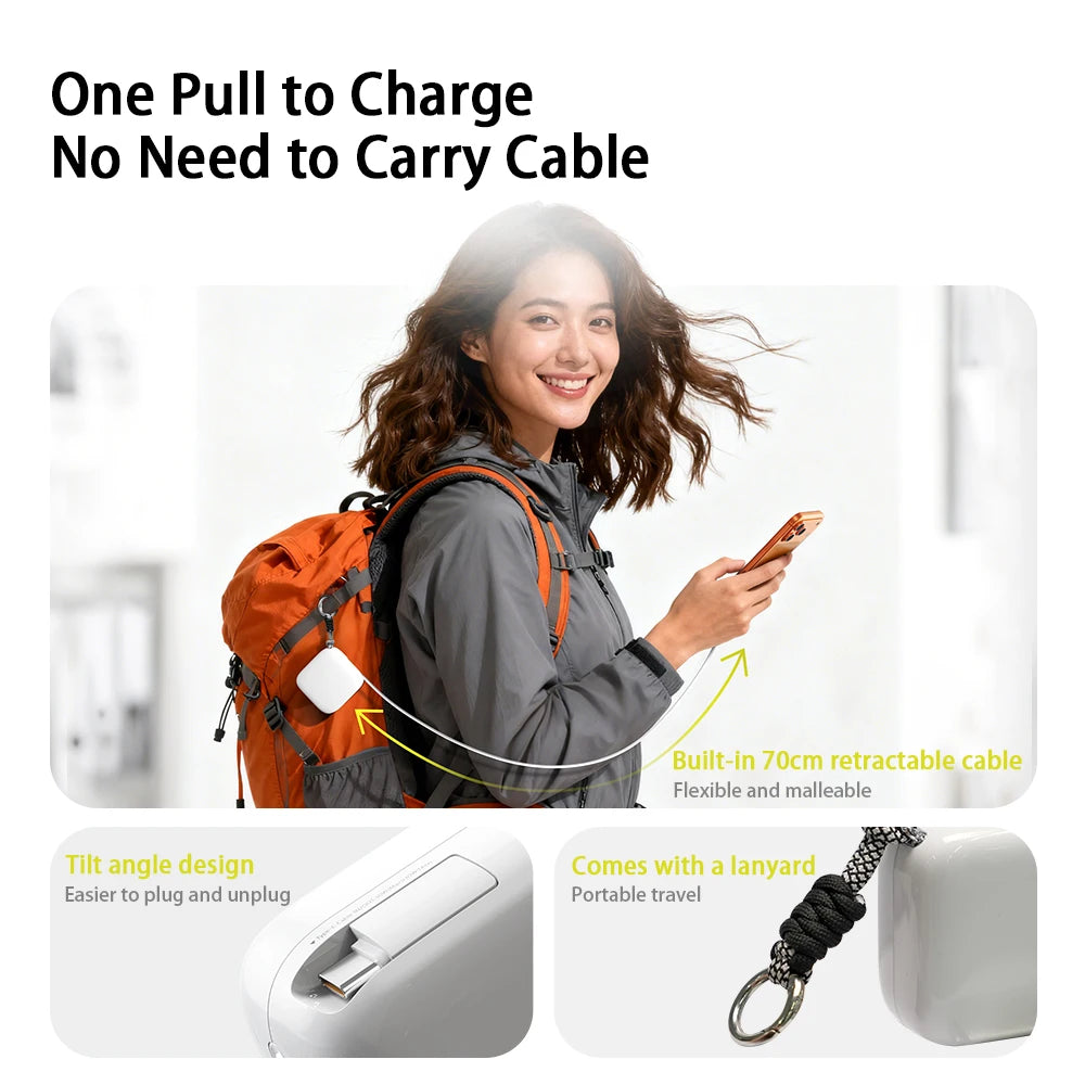 40W Fast Charging Protable 10000mAh PowerBank Gallium Nitride With 70cm Retractable Type-C Cable for iPhone 17 16 Xiaomi Huawei