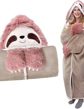 Cartoon Animal Hooded Blanket with Sleeves Gloves Soft Fleece Lamb Velvet Comfortable Home TV Blanket Wearable Winter Sofa Nap