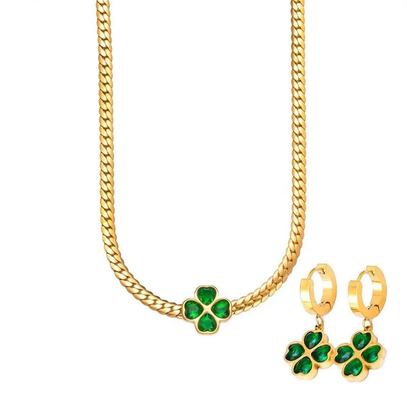 Trendy Green Clover Zircon Necklace Bracelet Earrings For Women Girls Gold Plated Waterproof Neck Chain 45 cm