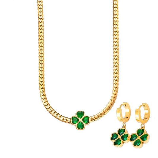 Trendy Green Clover Zircon Necklace Bracelet Earrings For Women Girls Gold Plated Waterproof Neck Chain 45 cm