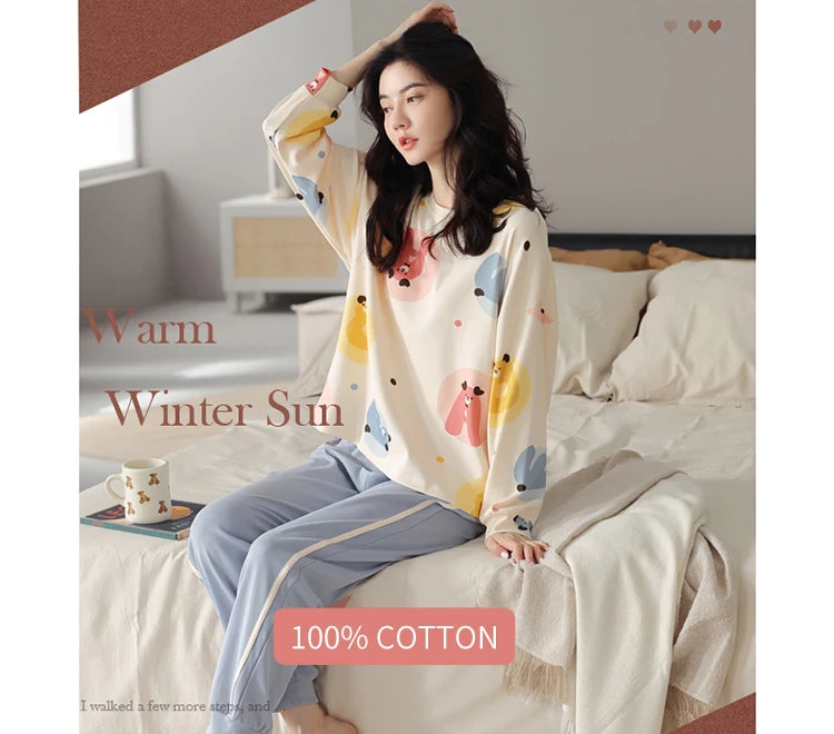 Women’s Cute Lazy Style Cotton Pajama Set – Soft, Loose Long Sleeves & Pants
