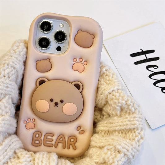 Cute 3D Cartoon Bear Paw Holder Grip Phone Case For iPhone 15 14 13 Pro Max Lovely Silicone Soft Cover Camera Protection