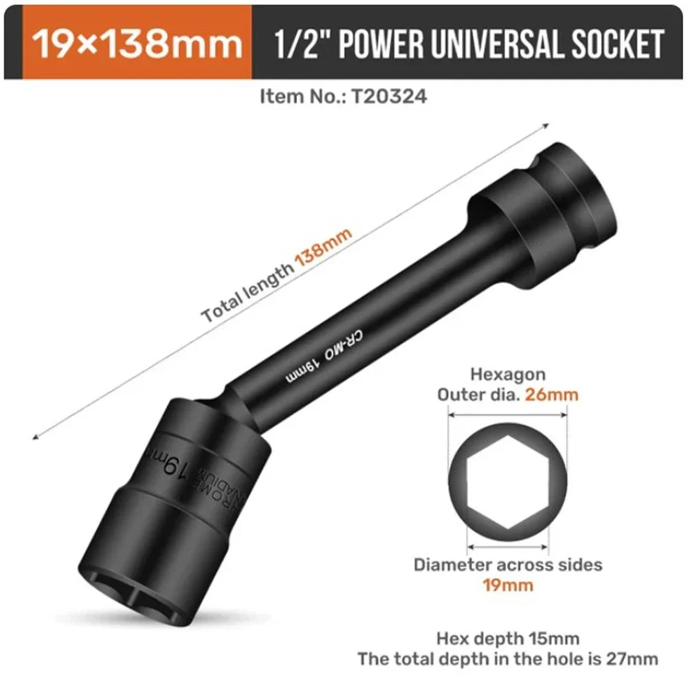 Impact Swivel Hex Socket Head Adapter 1/2-Inch Drive Universal Joint Cr-Mo Steel Spanner Converter 12-19mm