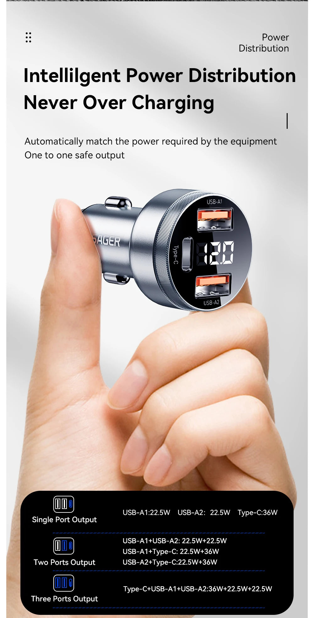 80W USB C Car Charger PD 3.0 QC 4.0 Fast Charging 3 Port Adapter with Digital Display