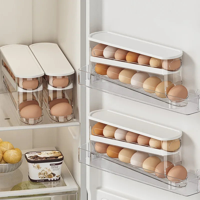 Double-Layer Ladder Style Egg Storage Box – Automatic Rolling Refrigerator Egg Holder Rack for Kitchen