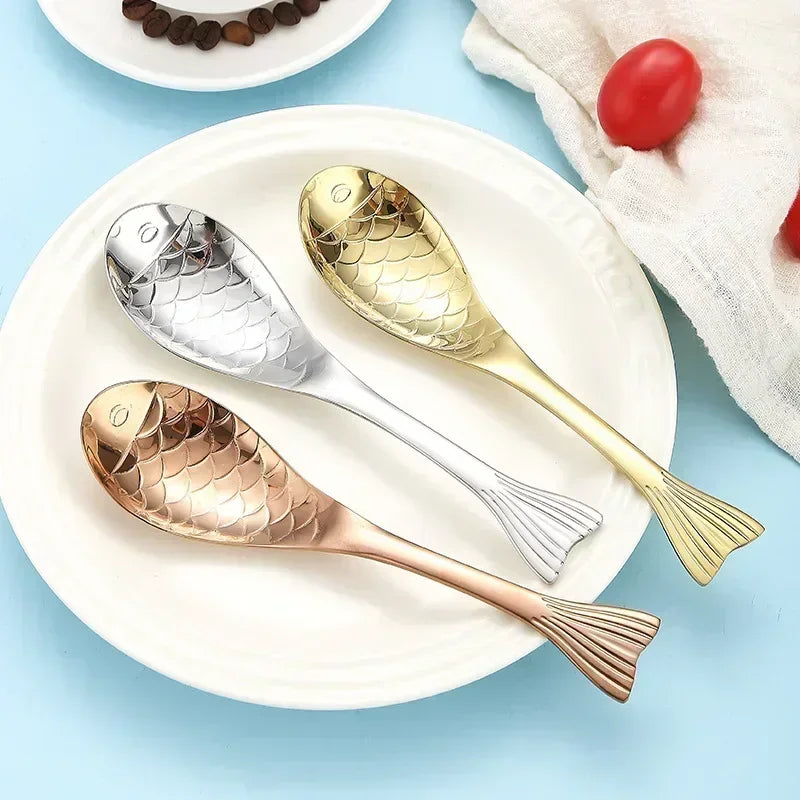 Cute Fish-Shaped Stainless Steel Soup Spoon, Food Grade Cutlery for Ice Cream Desserts, Creative Mermaid Spoon Kitchen Tableware
