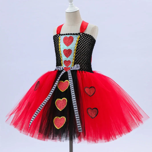 Girls Wonderland Fairy Tale Fancy Dress Sparkly Evil Red Queen Dress Halloween Cosplay Costumes Villain Clothes