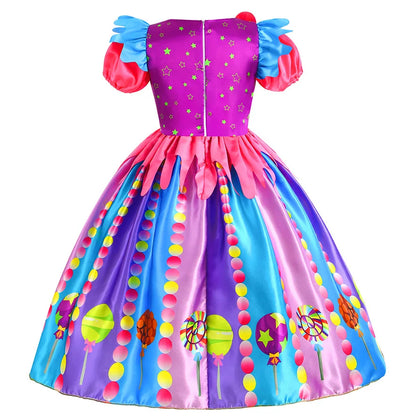 Girls Purim Festival Lollipop Costume Children Puff Sleeve Candy Costume Kids Sweet Lollipop Print Birthday Party Dresses