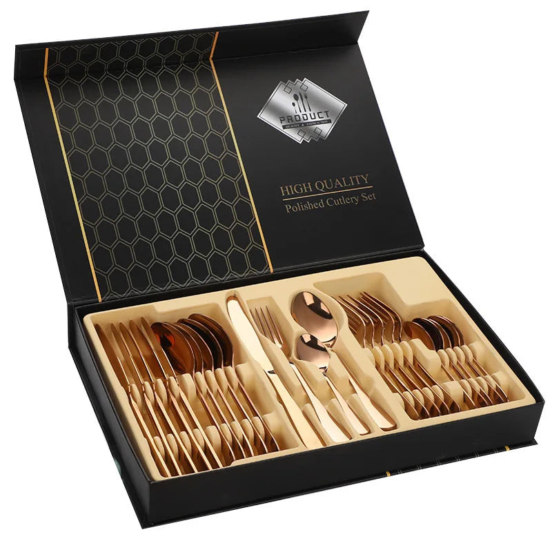 24pcs Golden Tableware Set Light Luxury Stainless Steel Cutlery Fork Knife Spoon Dinnerware Set Minimalist Decor with Gift Box