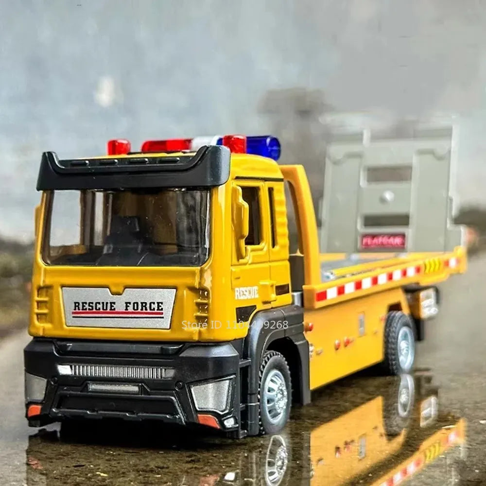 1:32 Flatbed Trailer Roadblock Transpot Truck Model Toy Alloy Diecast Vehicle Simulation Engineering Models Sound Light Gifts