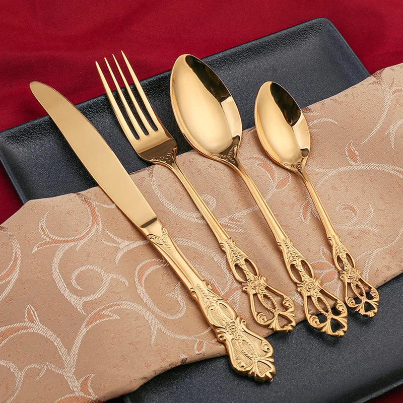4pcs Gold Stainless Steel Cutlery Set Royal European Spoon Fork and Steak Knife Retro Hollow Design Dinnerware Luxury Tableware