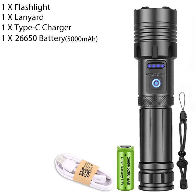 XHP120 LED Flashlight Rechargeable Zoom Tactical Torch with COB Side Light Power Bank Function