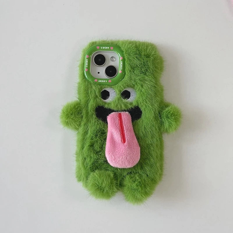 INS Couple Fur Monster Kiss Tongue Case For iPhone 16 15 14 13 Pro Max Korea Cute Cartoon Gift Anti-Drop Soft Back Cover