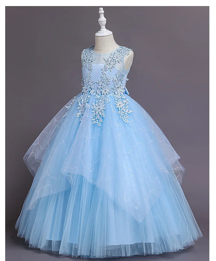 Summer Flower Girls Party Lace Dress Kids Long Princess Dress Mesh Children's Day Clothing Gowns for Girls for Wedding