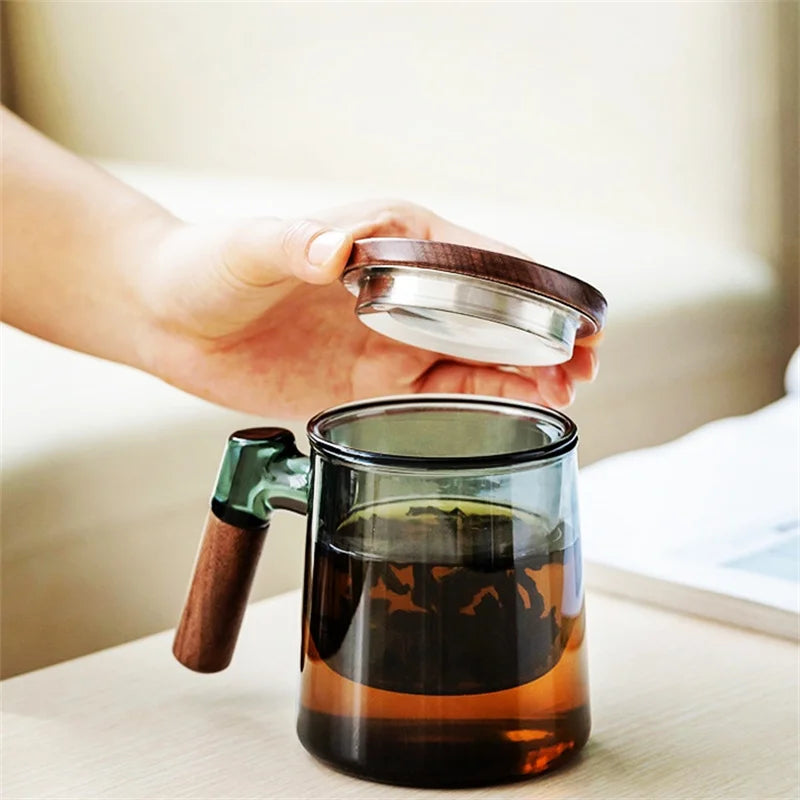 400ml Walnut Wooden Handle Lid Filter Glass Tea Cup Tea Water Separation Scented Tea Cup Office Flower Tea Separation Tea Mug