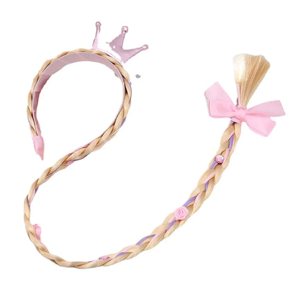 Princess Girls Flowers Headband Flower Fary Dress Up Weaving Long Braid Wig Headband Kids Halloween Rapunzel Cosplay Head Wear