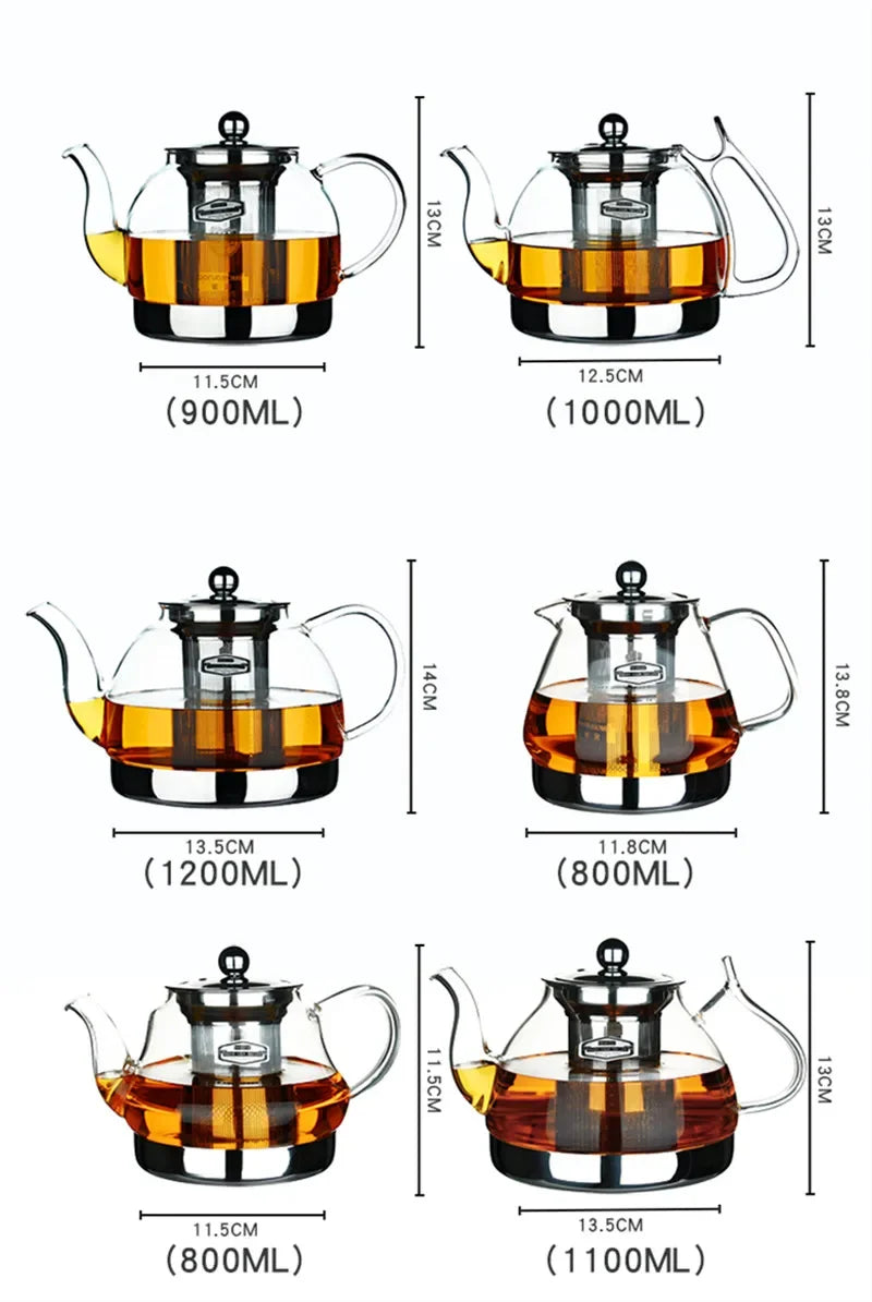 Heat Resistant Glass Teapot with Stainless Steel Filter Large Capacity Induction Kettle 1.2L