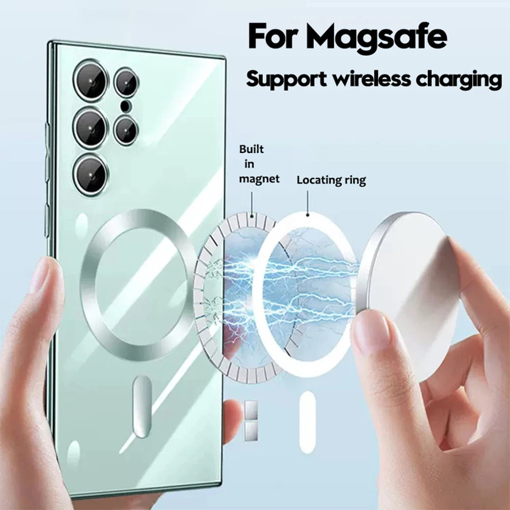 Plating Shockproof For Magsafe  Wireless Charging Case For Samsung S24 S23 Ultra S22 S21 Plus Note 20 Transparent Cover