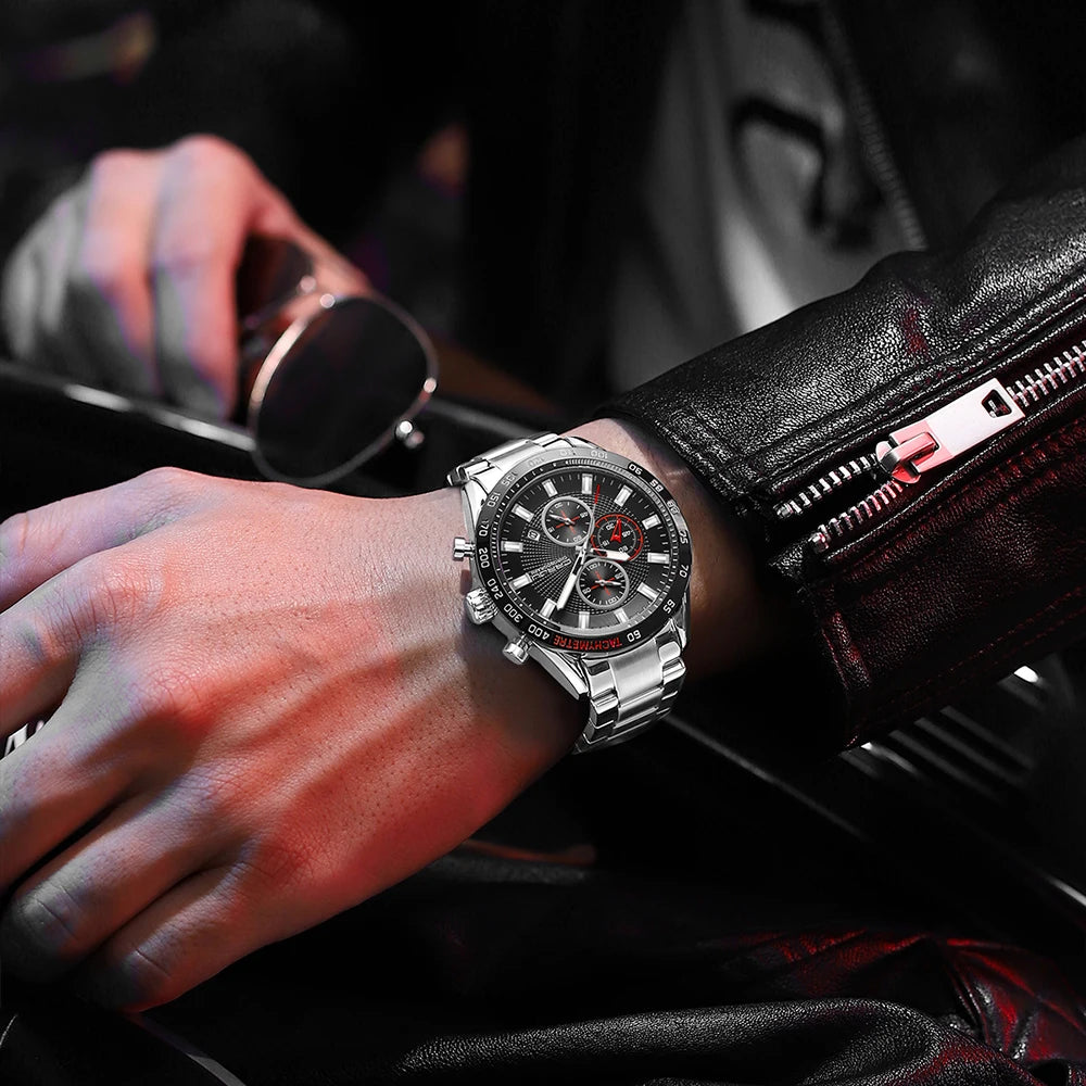 Men Watch Fashion Sports Chronograph Wristwatches Stainless Steel Strap with Auto Date