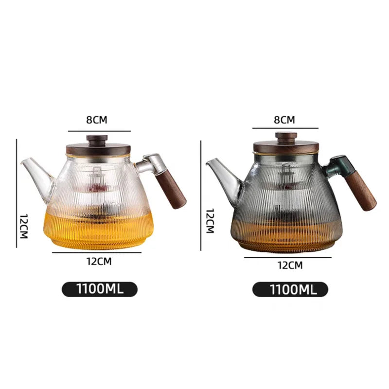 Stripe High Borosilicate Glass Teapot  With Walnut Handle Cooking and Steaming Dual Purpose Glass Tea Pot Tea Kettle Teaware