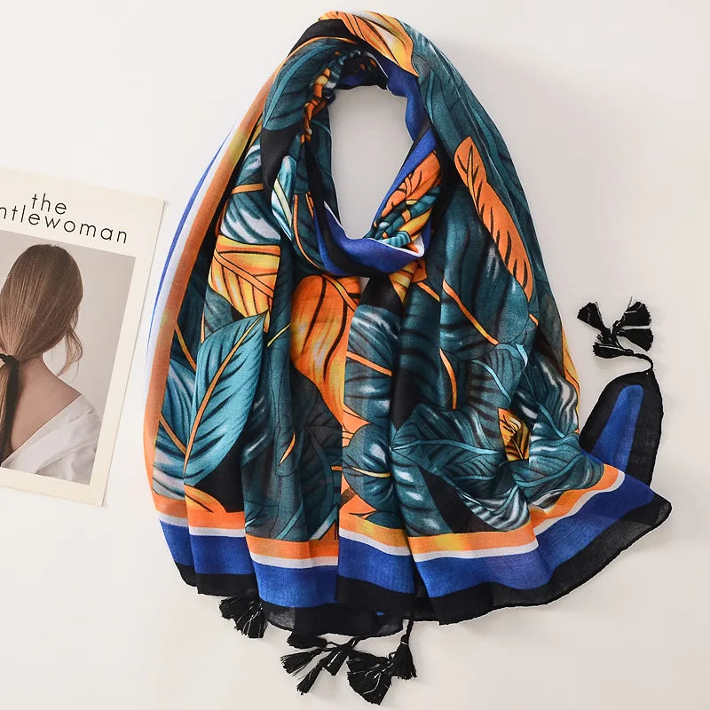 Beige Coffee Scarf Luxury Thin Women Scarves Spring Floral Hijab Veils Soft Cotton Shawl Wrap Tassel Viscose Muslim Woman Hijab