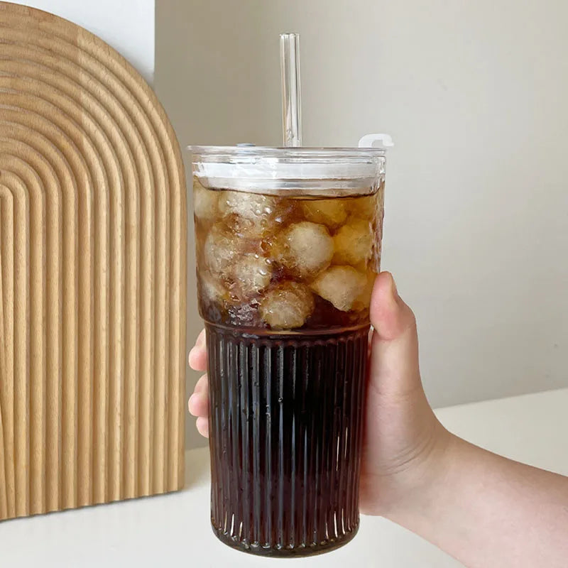 600ml Stripe Glass Cup with Lid And Straw Transparent Milk Tea Juice Cup Drinking Glasses Ice Water Coffee Mug Bar Drinkware