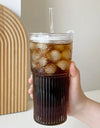 600ml Stripe Glass Cup with Lid And Straw Transparent Milk Tea Juice Cup Drinking Glasses Ice Water Coffee Mug Bar Drinkware