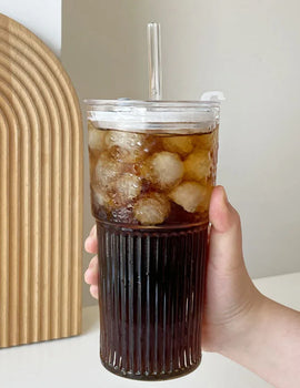 600ml Stripe Glass Cup with Lid And Straw Transparent Milk Tea Juice Cup Drinking Glasses Ice Water Coffee Mug Bar Drinkware