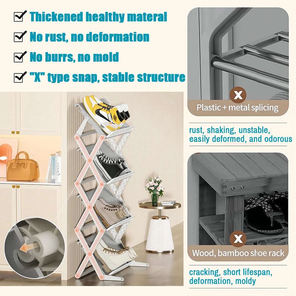 Foldable Shoe Rack Narrow Shoe Organizer Adjustable Shoe Shelf Space Saving Simple Installation-Free Standing Shoe Rack