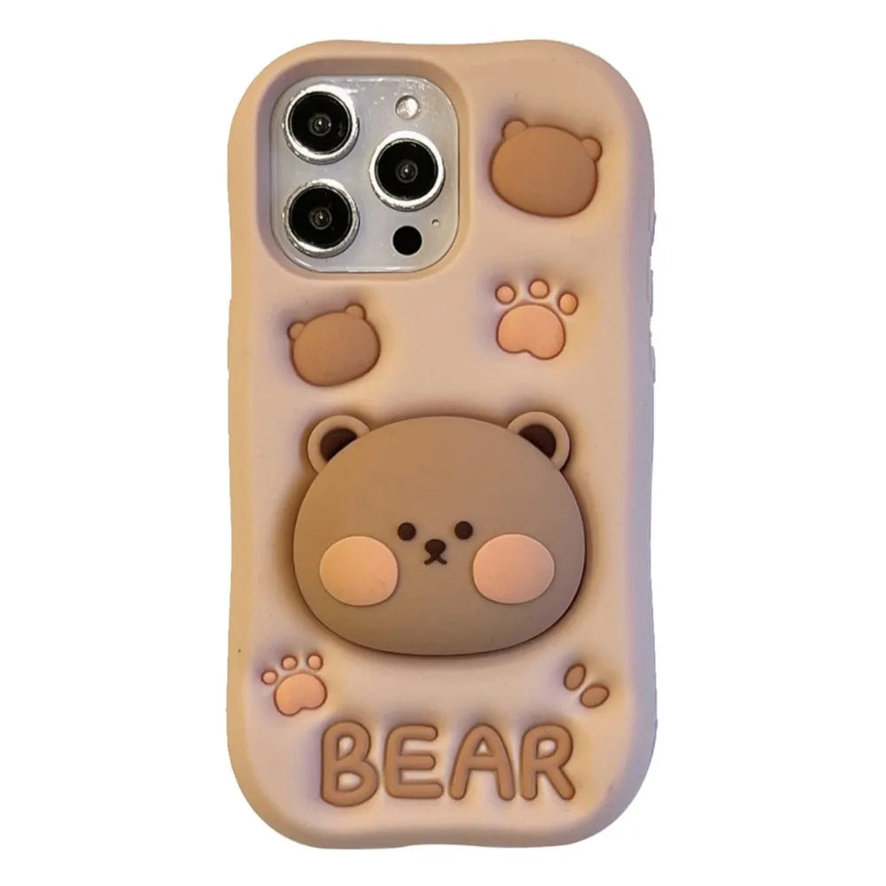 Cute 3D Cartoon Bear Paw Holder Grip Phone Case For iPhone 15 14 13 Pro Max Lovely Silicone Soft Cover Camera Protection
