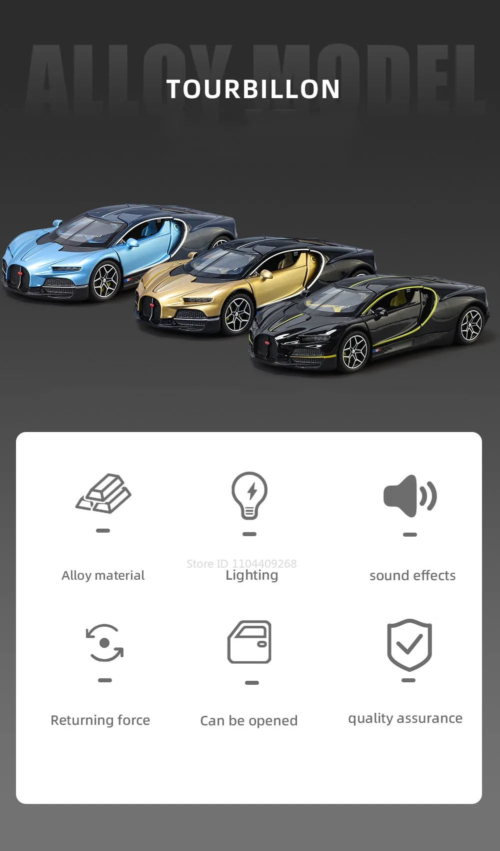 1:32 Scale Tourbillon Chiron Toy Sports Car Model Diecast Metal Sound Light Pull Back Simulation Vehicle Models Ornaments Gift