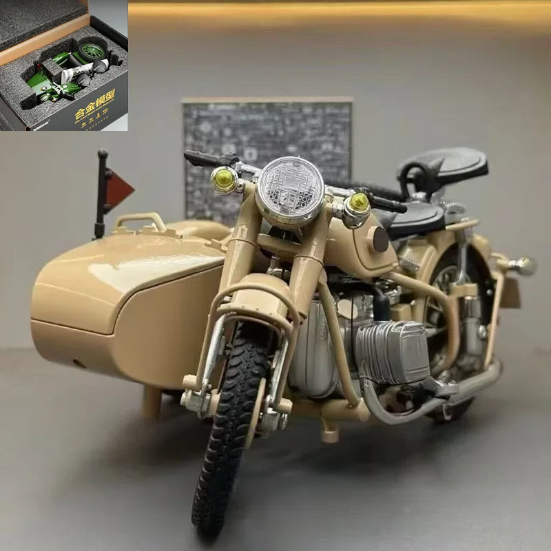Diecast Retro Military Sidecar Motorcycle Model 1 to 10 Scale