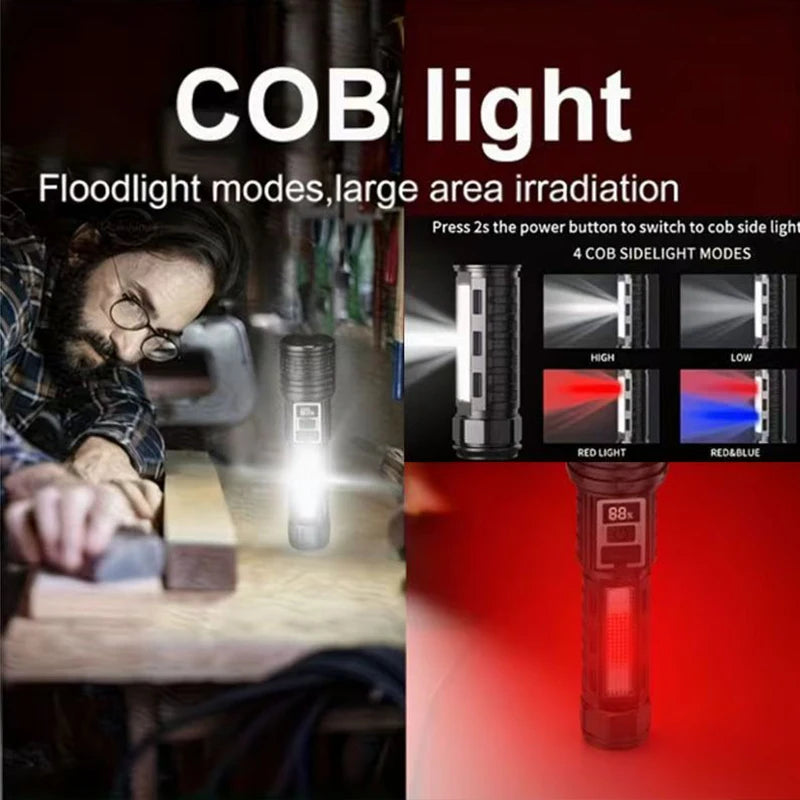 Powerful Rechargeable LED Flashlight With COB Side Light And Zoom