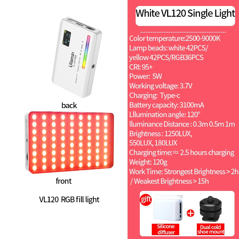 RGB LED Video Light 2500K–9000K Dimmable Photography Light Rechargeable Camera Fill Lamp