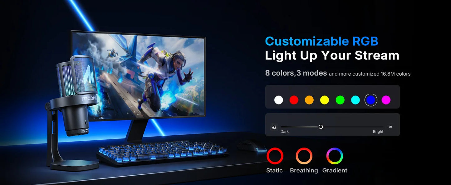 Wireless USB Gaming Microphone with AI Noise Reduction and RGB Lighting