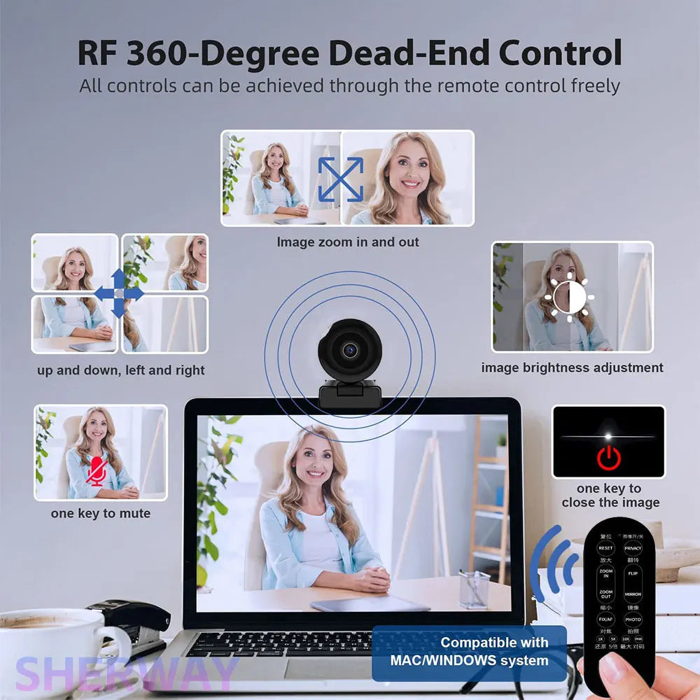 4K Webcam Pro Living Streaming USB Web Camera with Remote Dual Noise-Cancelling Mics AI Auto Focus 128° FOV HD Mini Video PC Cam