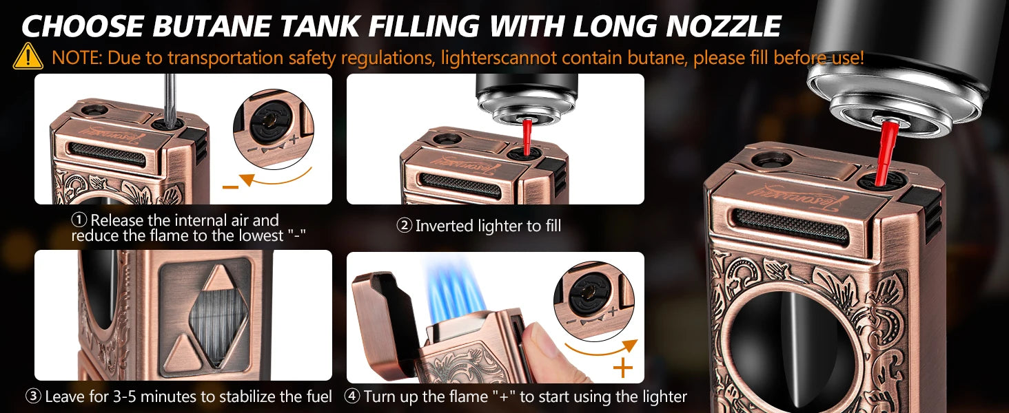 Cigar Lighter 4 Jet Flame, Refillable Butane Lighter with Cigar Cutter V Cut Cigar Punch Cigar Holder Cigar Draw Enhancer