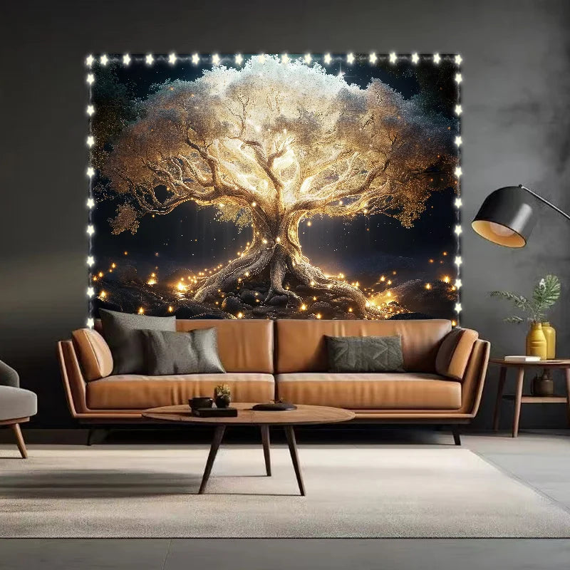 Enchanted Magic Tree Tapestry Tree Pattern Starry Sky Living Room Sofa Backdrop Wall Theme Mystical Style Room Decor
