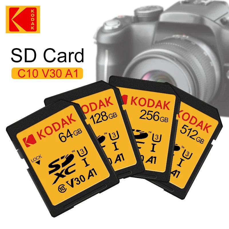 KODAK SD Cards for Camera 100MB/s High Speed Memory Card 256GB 128GB 64GB SDXC C10 A1 U3 V30 UHS-I sdcards for 4K HD SLR DV